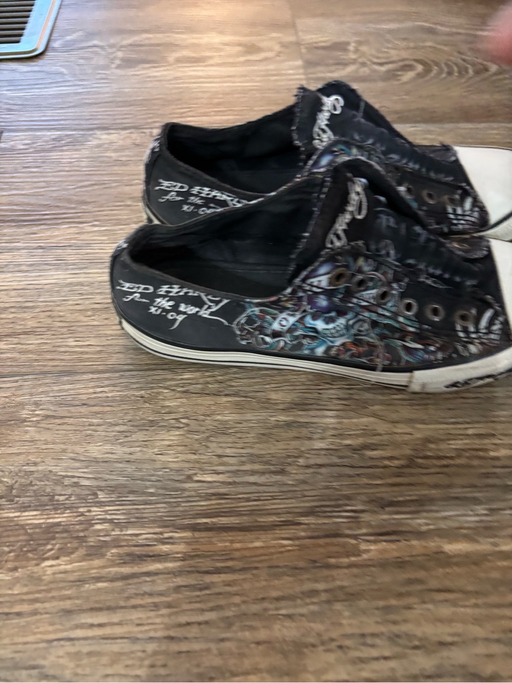 Ed Hardy Black Low-Top Slip-On Sneakers with Multicolor Tattoo Accents